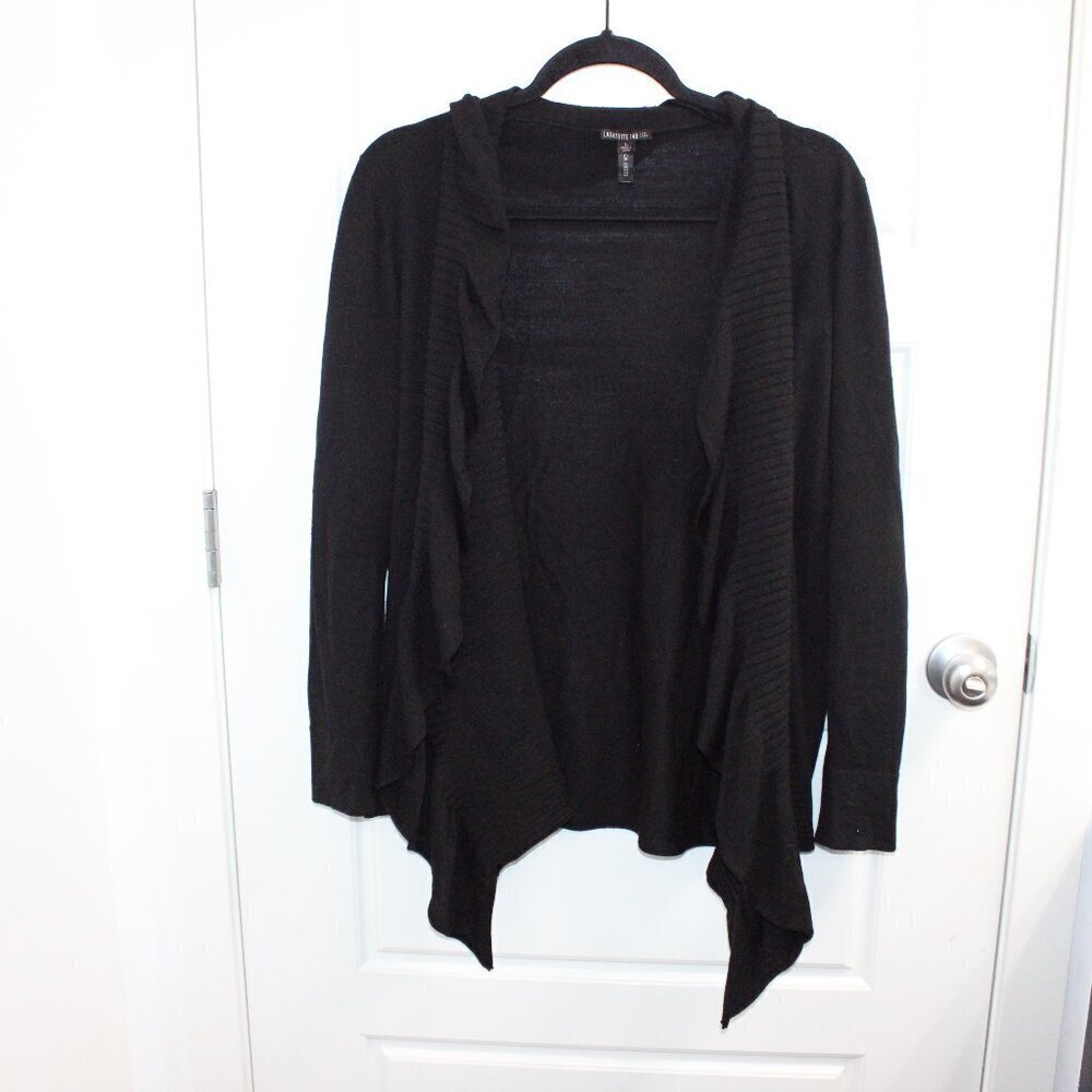 Lafayette 148 Black Open Cardigan Ruffled Front 100% Wool Size Large